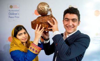 Mohamad Al Jounde, 16, is awarded the 2017 International Children's Peace Prize, by Malala Yousafzai, the youngest recipient of the Nobel Peace Prize,